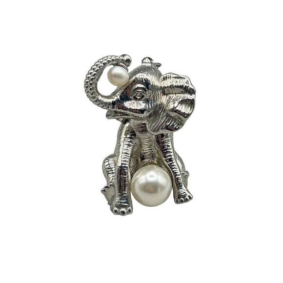 Dimensional Elephant Pin Brooch with Pearls Silver Tone Figural Unsigned Vintage - Picture 1 of 7